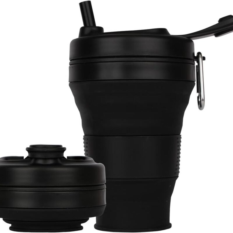 Silicone Coffee Cup with Straw lid Collapsible Cups for Traveling 20oz Lightweight Folding Water Mug for Picnic Hicking Camping Climbing (Black)