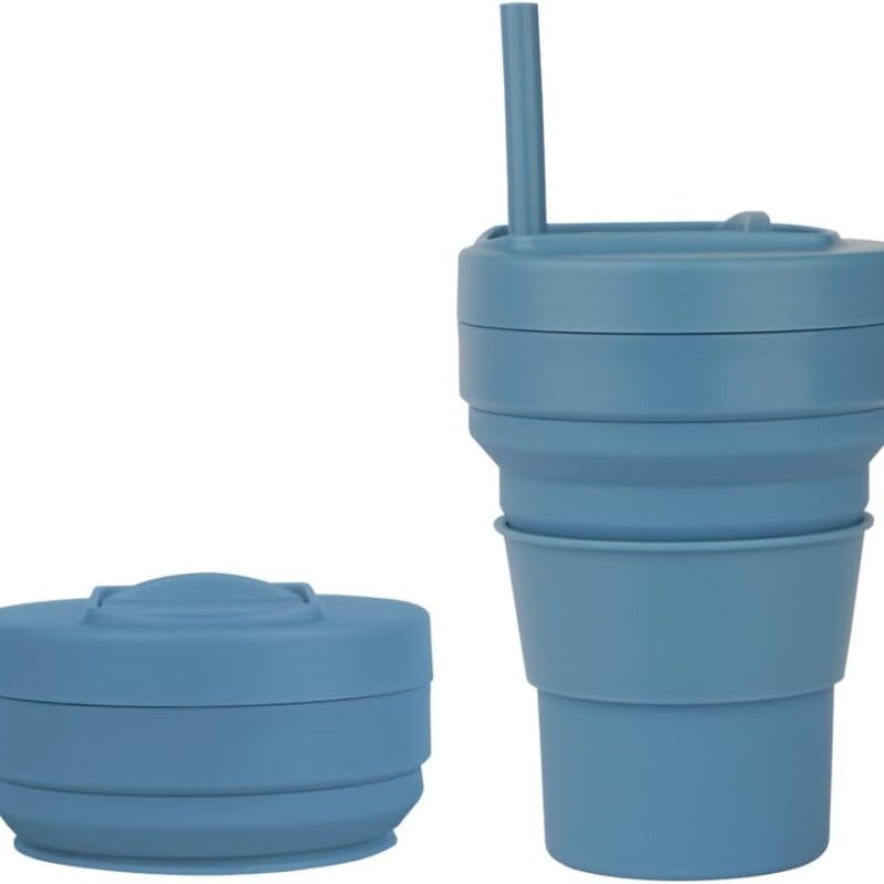 Collapsible Travel Cup with Straw & Lid - 12oz Leakproof Silicone, Folds to 2” for Bag/Car, Perfect for Camping, Hiking, Gym (Sea blue)