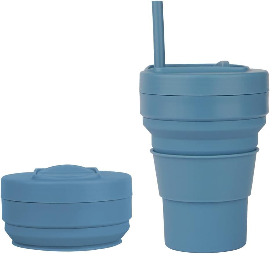 Collapsible Travel Cup with Straw & Lid - 12oz Leakproof Silicone, Folds to 2” for Bag/Car, Perfect for Camping, Hiking, Gym (Sea blue)