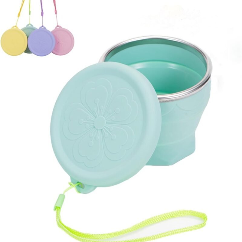Collapsible Silicone Travel Cup, Portable Folding Cup with Lid, Stretch Water Cup for Outdoor Camping (Mint green)