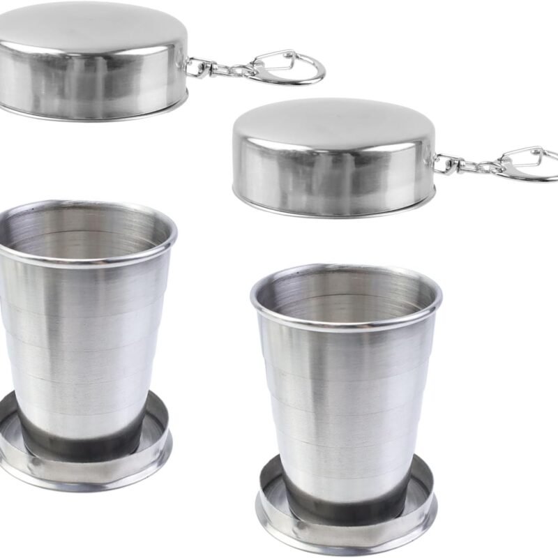 2PCS Stainless Steel Collapsible Cup Telescopic Shot Glasses Portable Outdoor Folding Cup with Metal Keychain and Lid for Travel, Camping, Picnic (2.5 Oz)