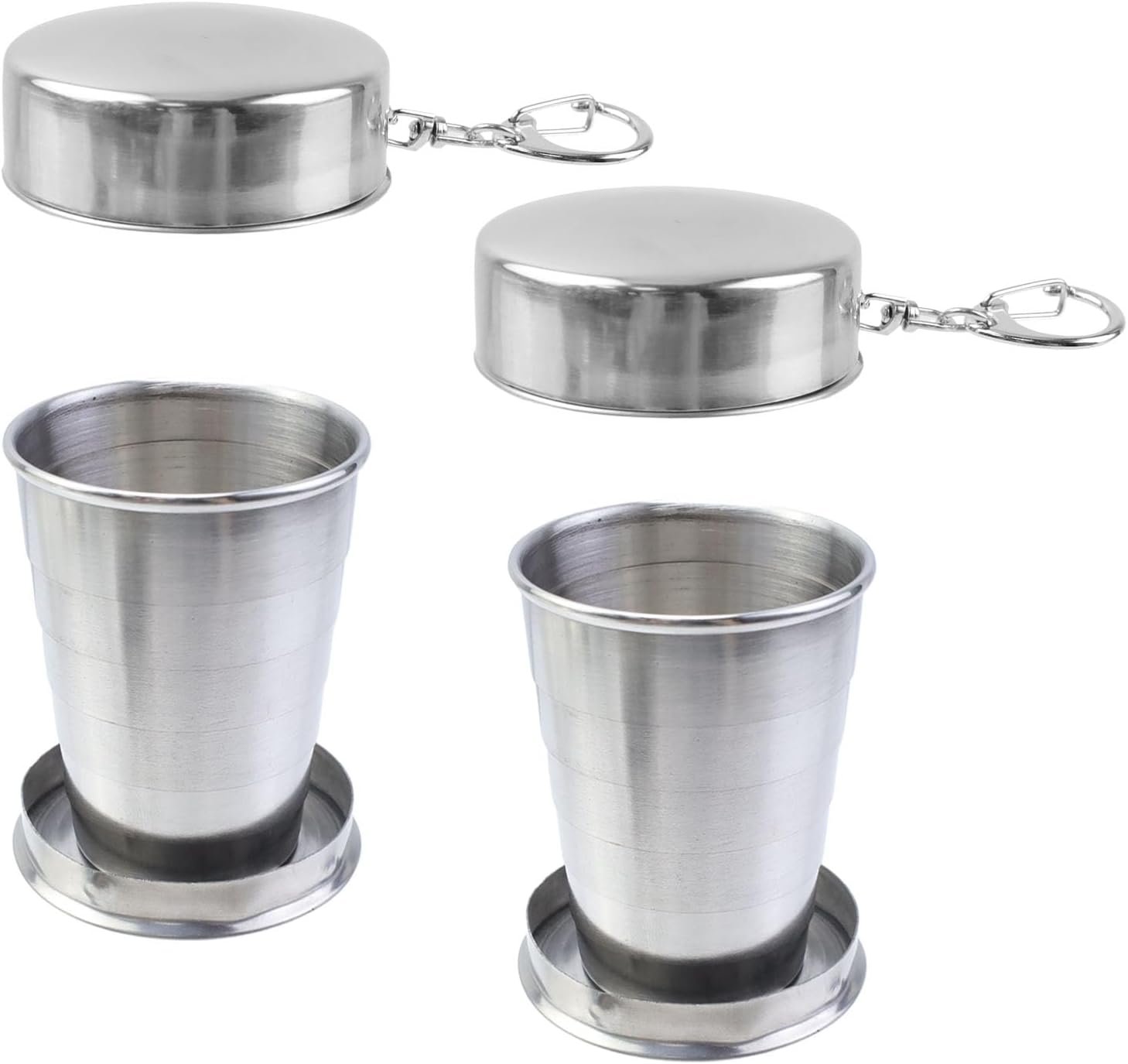 2PCS Stainless Steel Collapsible Cup Telescopic Shot Glasses Portable Outdoor Folding Cup with Metal Keychain and Lid for Travel, Camping, Picnic (2.5 Oz)