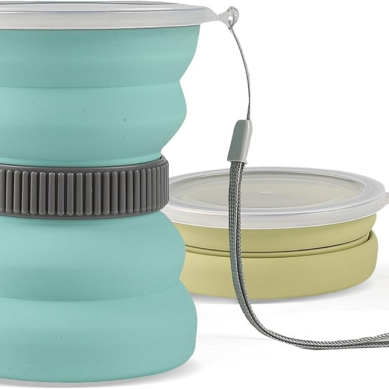 Collapsible Travel Cup, 10.5oz Foldable Cup with Lid, Silicone Folding Cups for Camping, Hiking, Outdoors, Travel, Portable Camping Cup Set (Green+Sage)