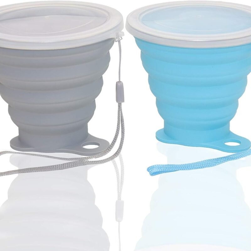 Silicone Collapsible Cups for Camping Travel, Small Portable Drinking Cup with Lids Reusable for Outdoor Hiking 270ml (Blue/Gray, 2 Pack)