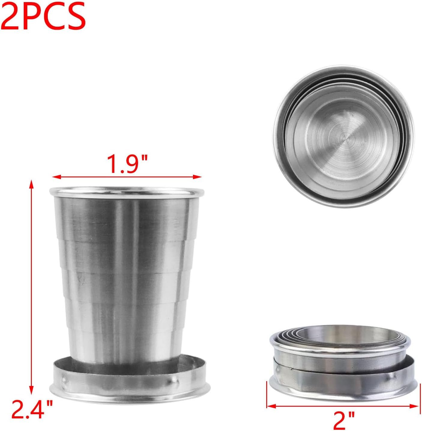 2PCS Stainless Steel Collapsible Cup Telescopic Shot Glasses Portable Outdoor Folding Cup with Metal Keychain and Lid for Travel, Camping, Picnic (2.5 Oz) - Image 2