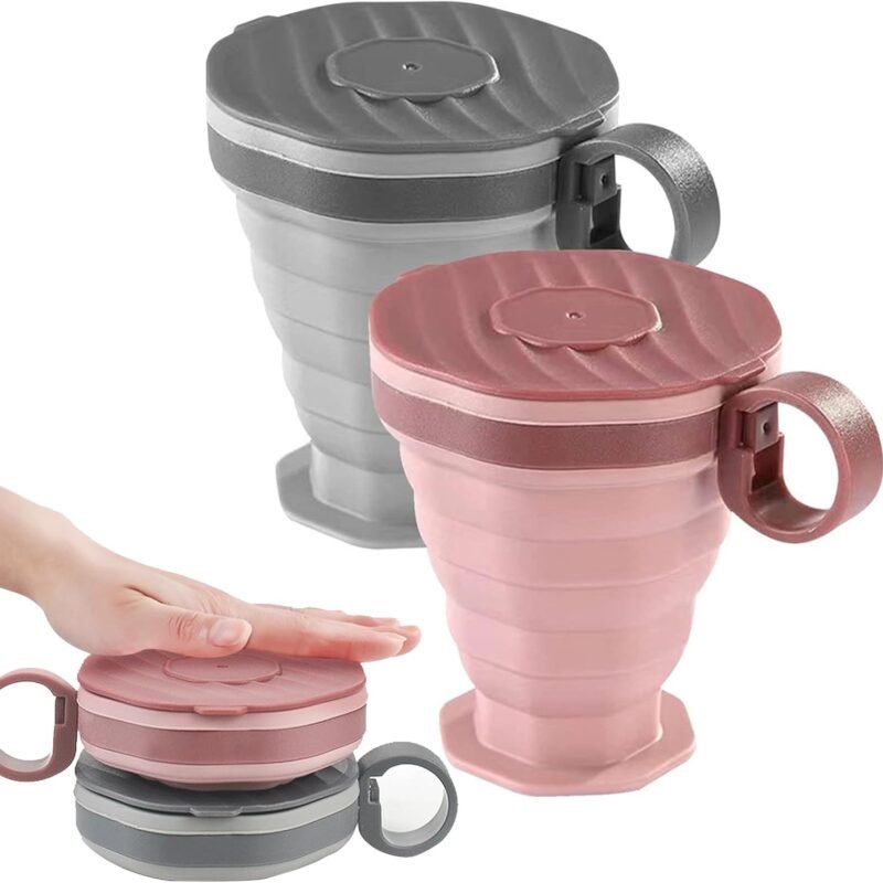 Pack of 2 foldable silicone cups, foldable travel cups with plastic lids, reusable portable cup set suitable for camping and hiking
