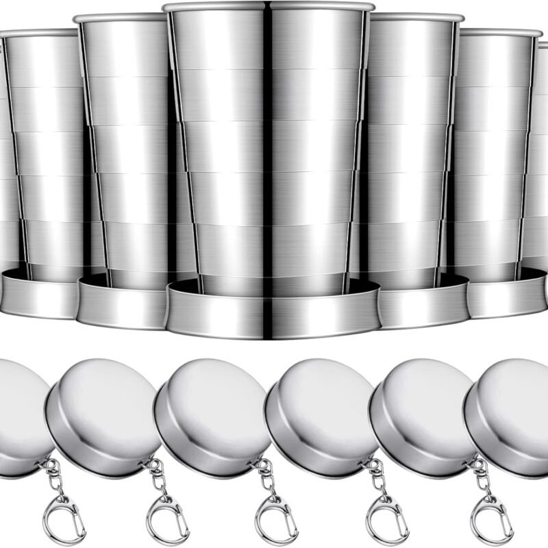 6 Pieces Collapsible Shot Glasses Stainless Steel Collapsible Cup Reusable Portable Travel Folding Cup with Lid and Keychain for Camping Hiking Cycling(2.5 oz)