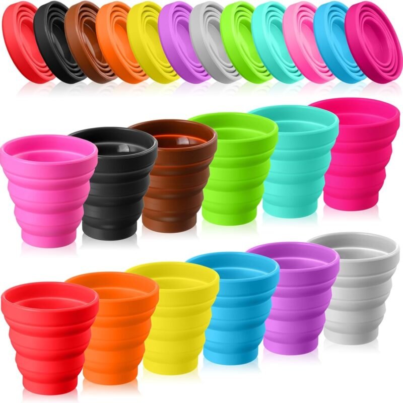Silicone Collapsible Cup Without Lids Travel Portable Foldable Cup Colorful Reusable Collapsible Shot Cup Expandable Drinking Cup for Kids Traveling Outdoor Hiking, 12 Colors